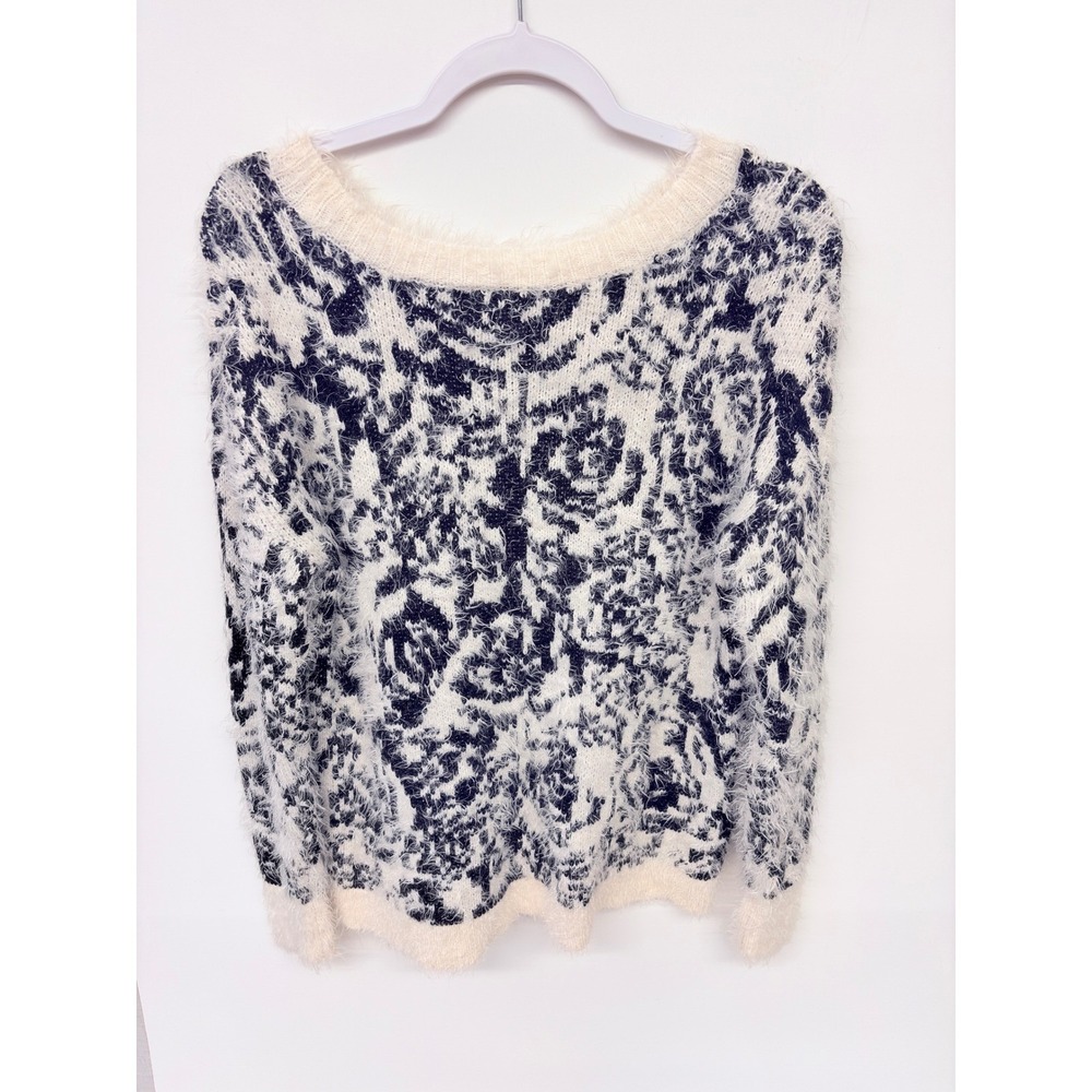 Cottagecore Fuzzy Eyelash Knit Sweater Women M Black Cream Cozy Office - Picture 2 of 6